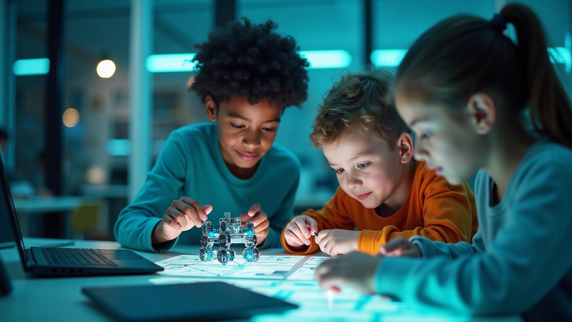 Children building robots in a Robotics Pro class